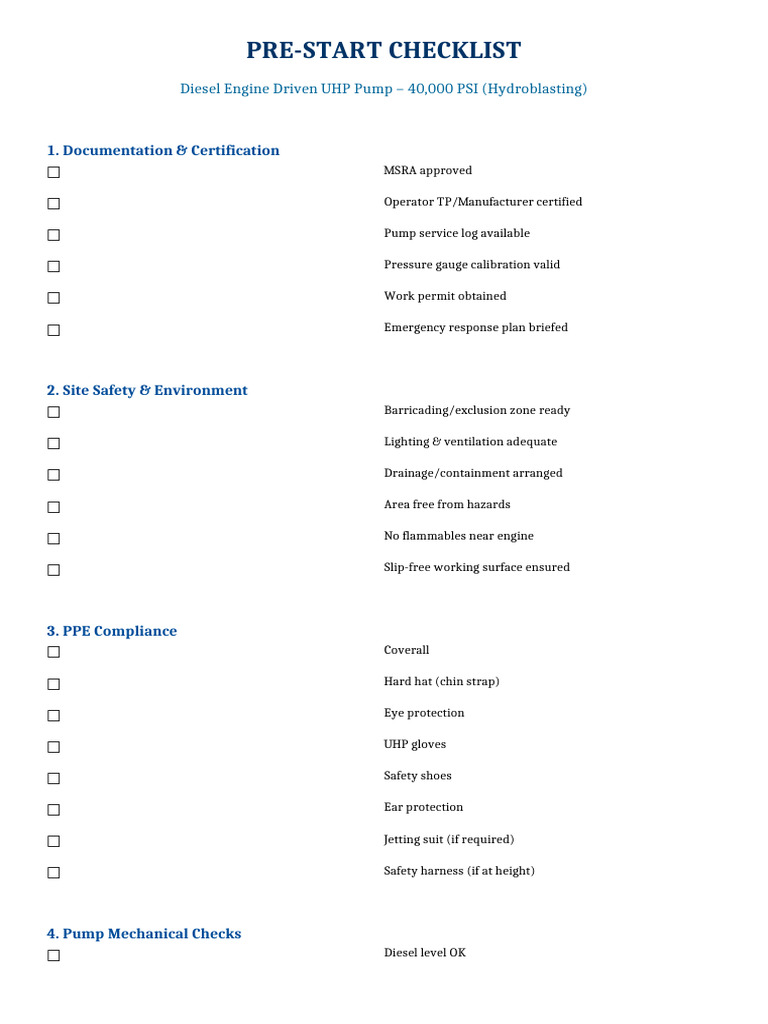 UHP Pump PreStart Checklist Professional | PDF | Pump | Equipment