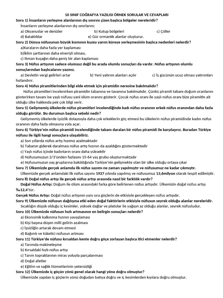10 Sinif Coğrafya Yazilisi Örnek Sorular Ve Cevaplari 2 | PDF