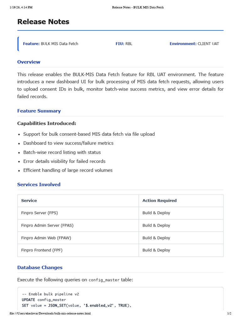 Release Notes - BULK MIS Data Fetch | PDF | Databases | Server (Computing)