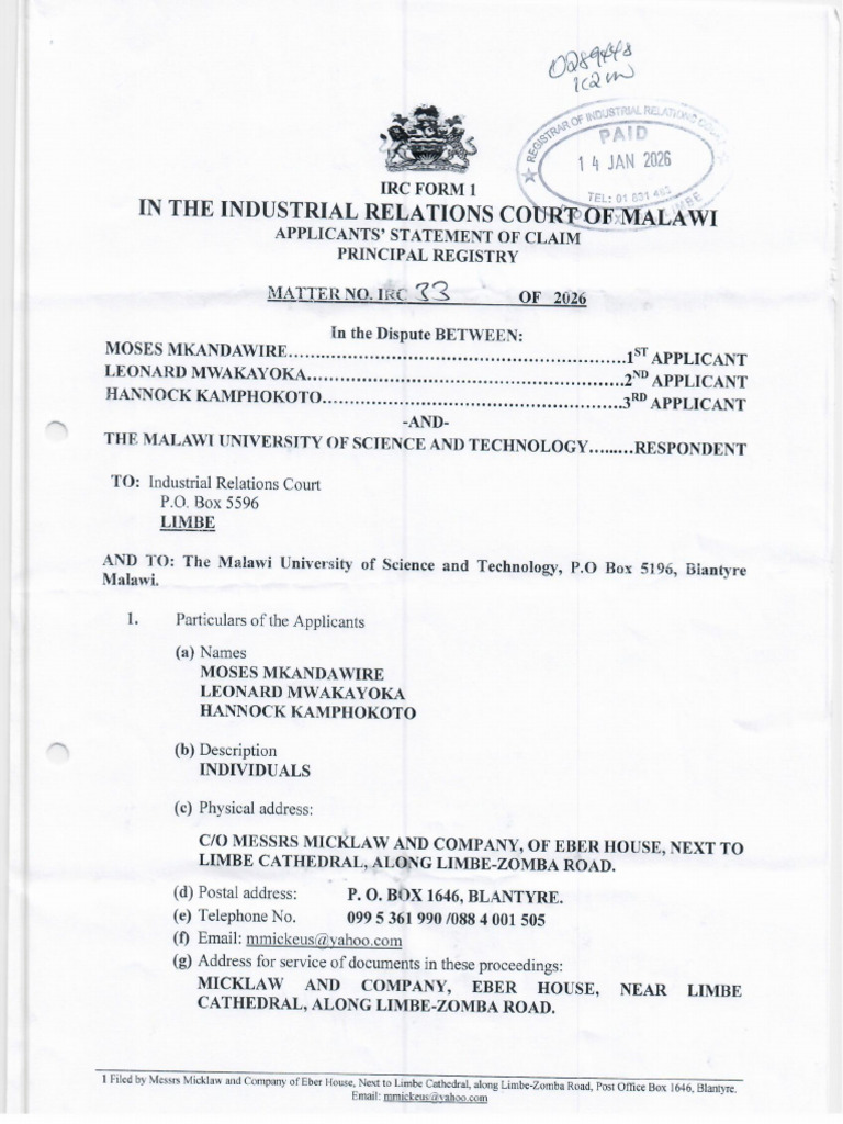 Mkandawire Et Al v MUST - IRC Form 1_2 | PDF