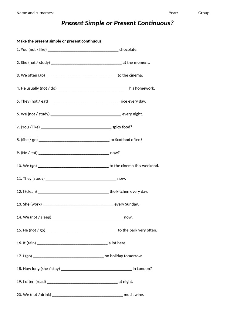 Ficha 2 - Present Cont-Simple | PDF