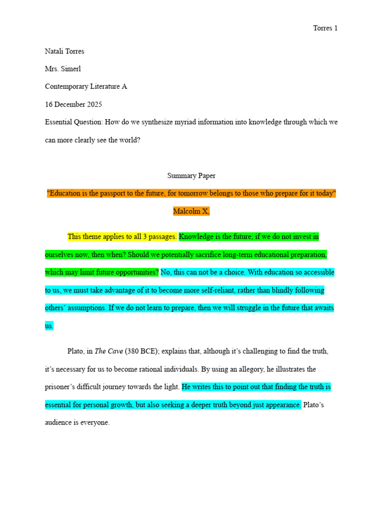 Natali Torres - Unit One_ Summary Paper_ (1) | PDF | Knowledge | Truth