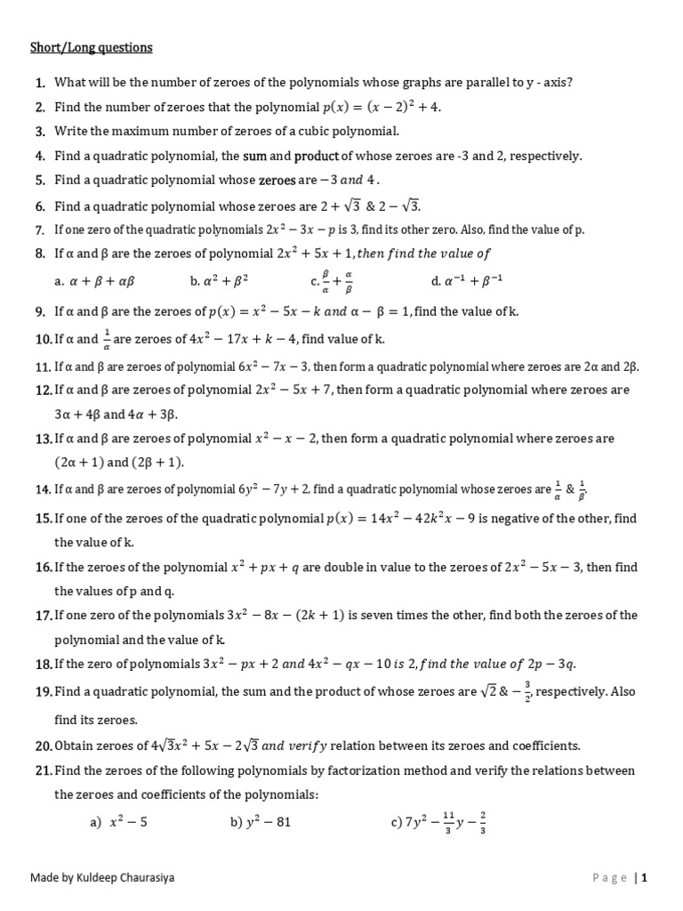 ch-2 poly notes and assignment 2 | PDF | Polynomial | Zero Of A Function