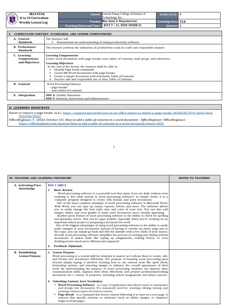 DLL Matatag - Tle 7 q1 w4 | PDF | Paragraph | Microsoft Word