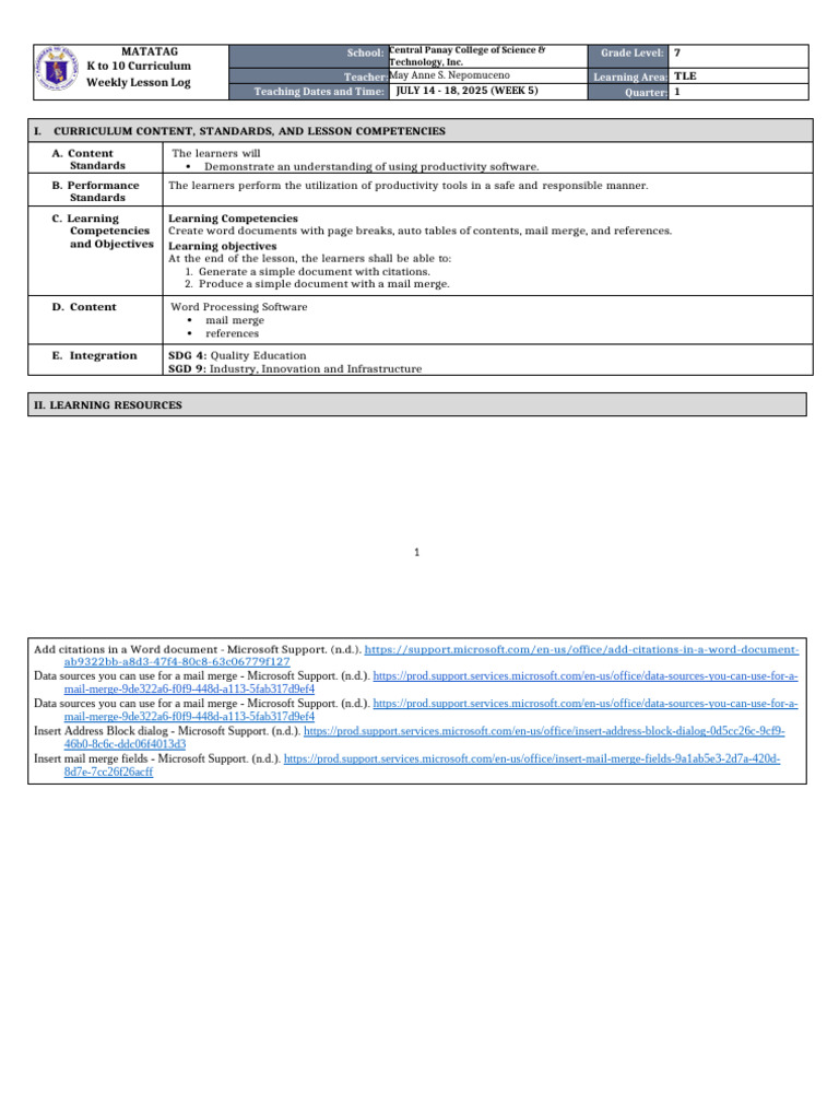 DLL Matatag - Tle 7 q1 w5 | PDF | Citation | Mail
