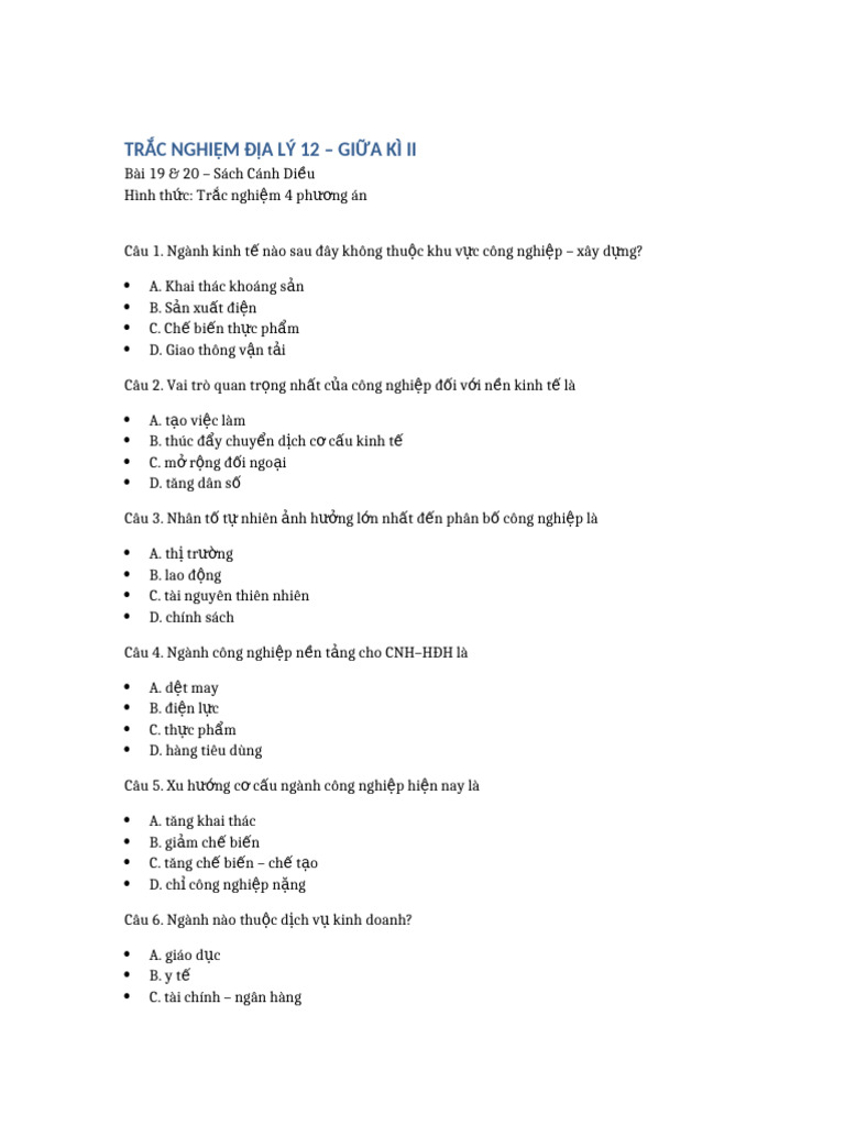 Trac Nghiem Dia Li 12 GK2 Bai 19 20 Canh Dieu | PDF