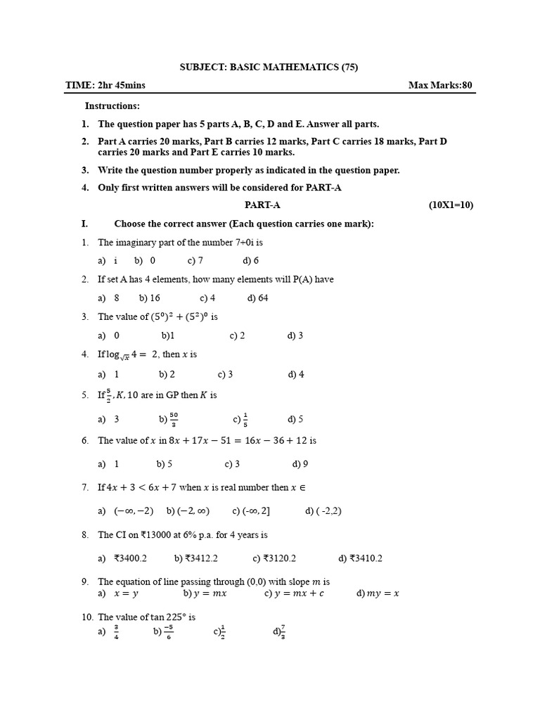 PU 1 Basic Mathematics Model QP 1 | PDF | Chess Theory | Chess
