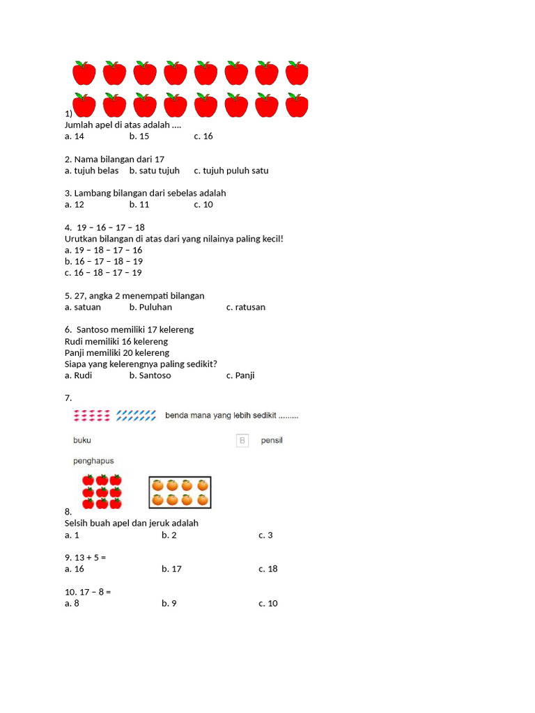 Soal Ulangan MTK Kelas 1 Semester 1 | PDF