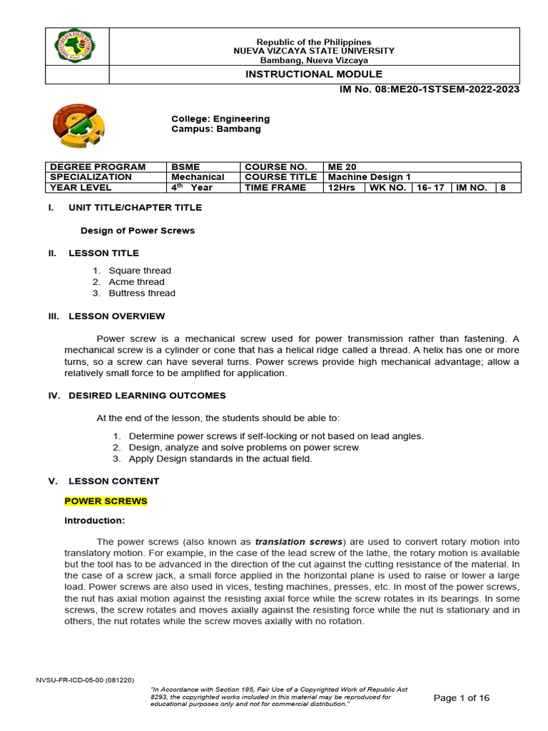 IM8 Design of Power Screws Week16 17 (1) | PDF | Screw | Machining
