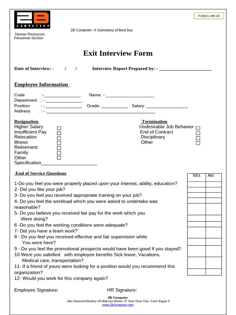 F 2BCC HR 20 Exit Interview Form | PDF