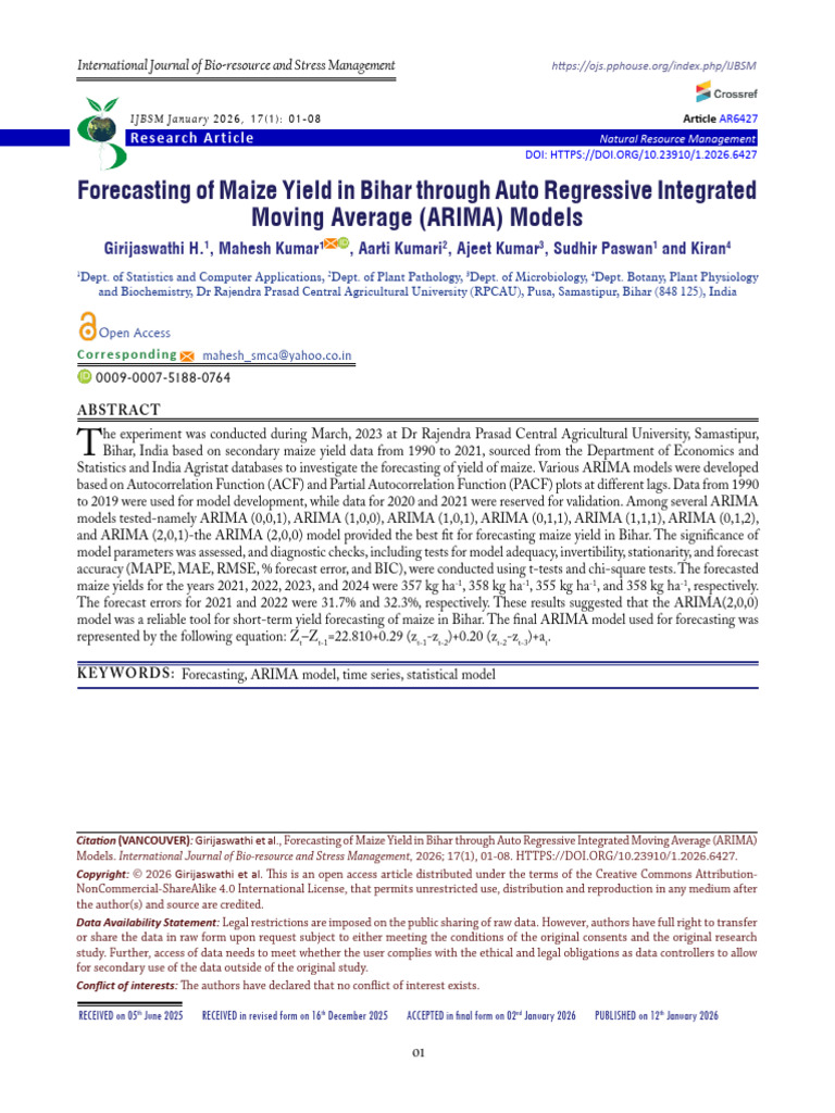 Research Article On Maize Yield Forecasting Through ARIMA Model in ...