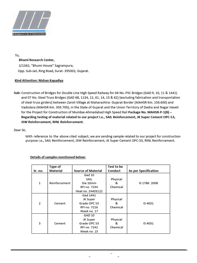 Letter No. 3123 for Testing of Sample to Bhumi Laboratory | PDF ...