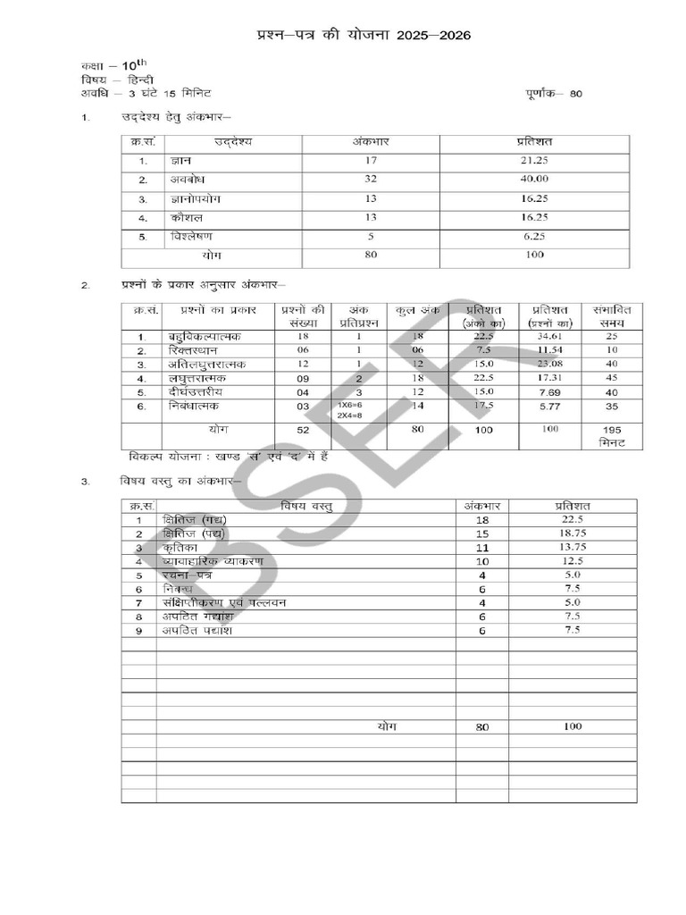 BSER 10th Board Exam 2026 Model Question Papers | PDF