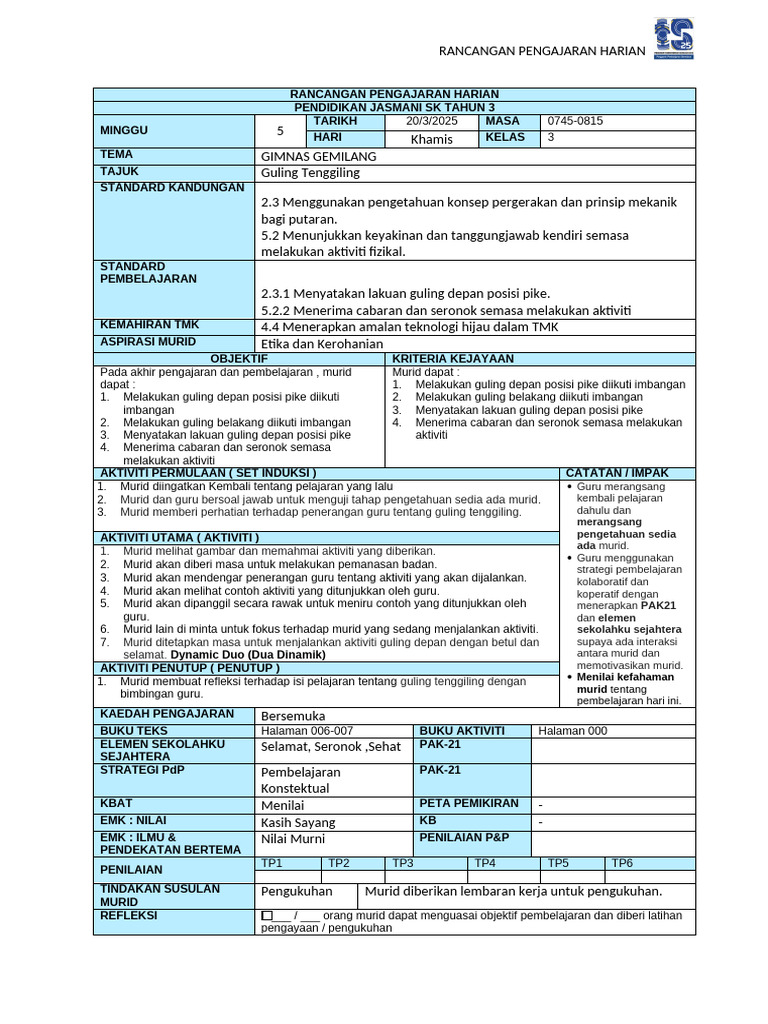 RPH Minggu 5 Pendidikan Jasmani THN 3 2023 by Cikgu Gorgeous | PDF