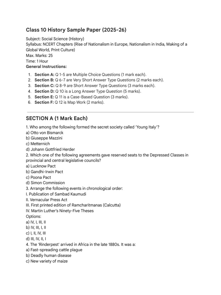Create A Class 10th HISTORY Sample Paper For Clas... | PDF | Indian ...