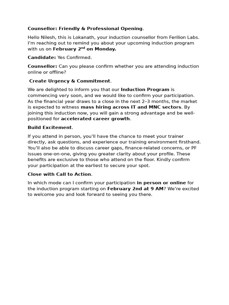 Induction Follow Up Call Pitch | PDF