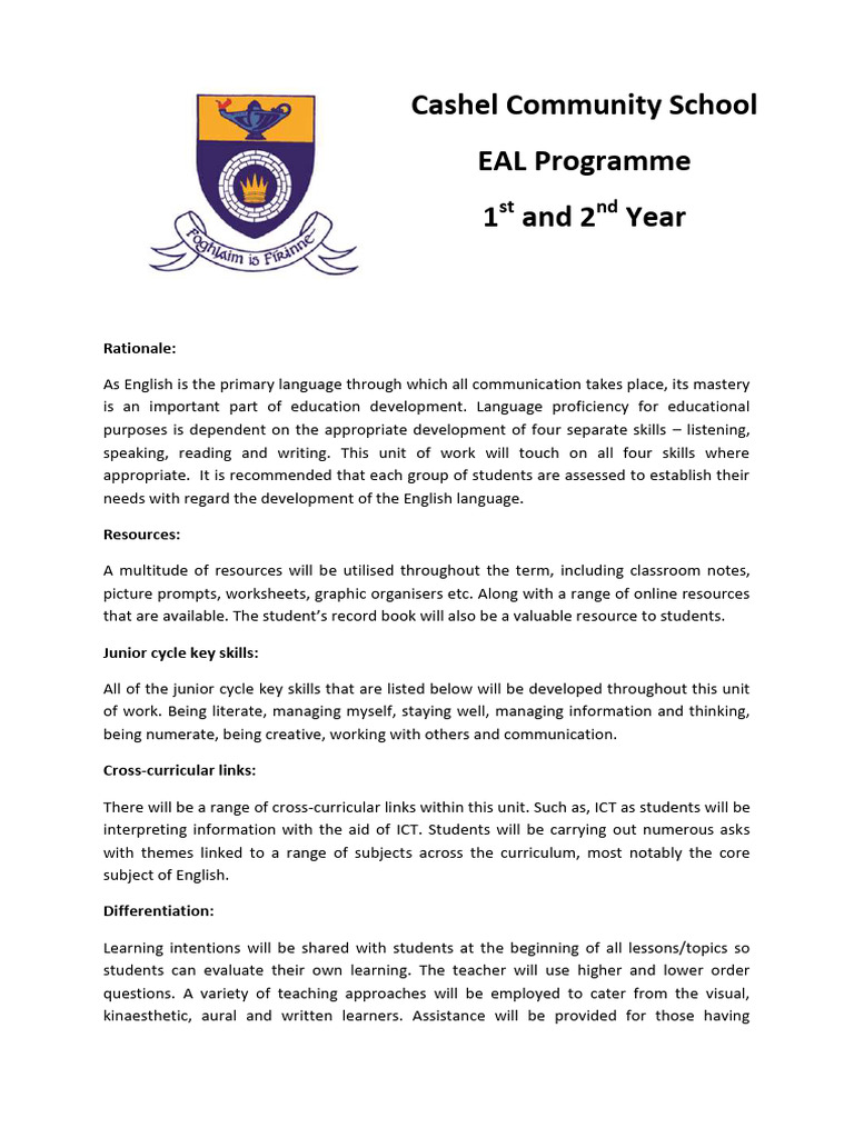 1st and 2nd Year EAL Programme | PDF | English As A Second Or Foreign ...