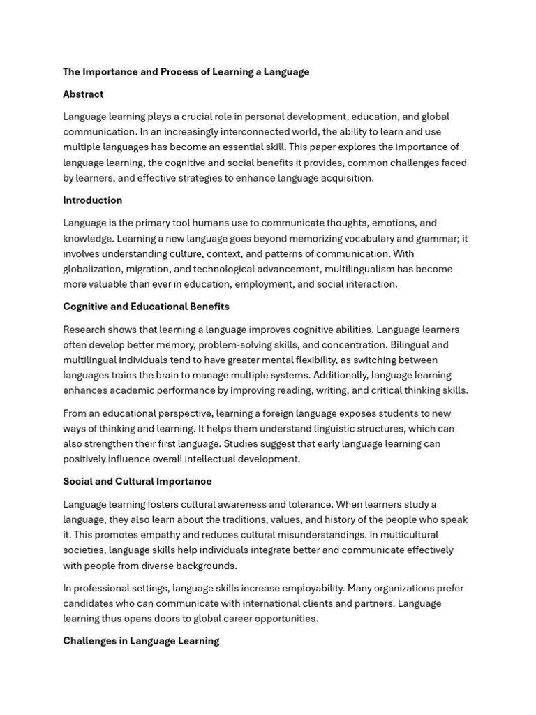 The Importance and Process of Learning a Languag1 | PDF ...