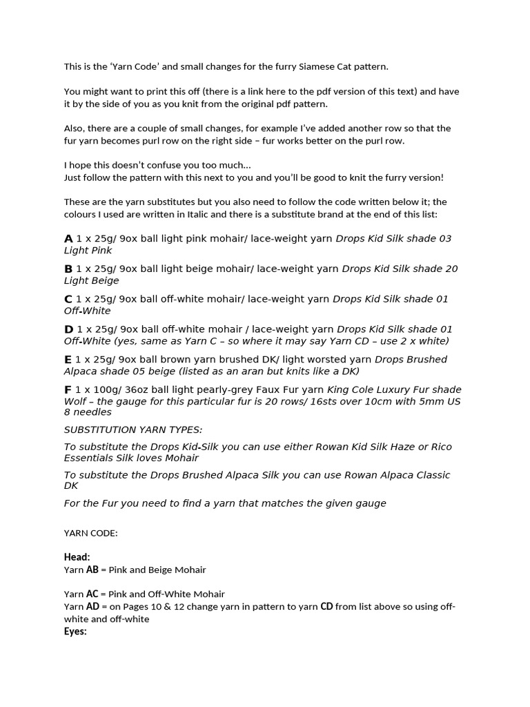 Yarn List for Fur Cat | PDF | Yarn | Knitting