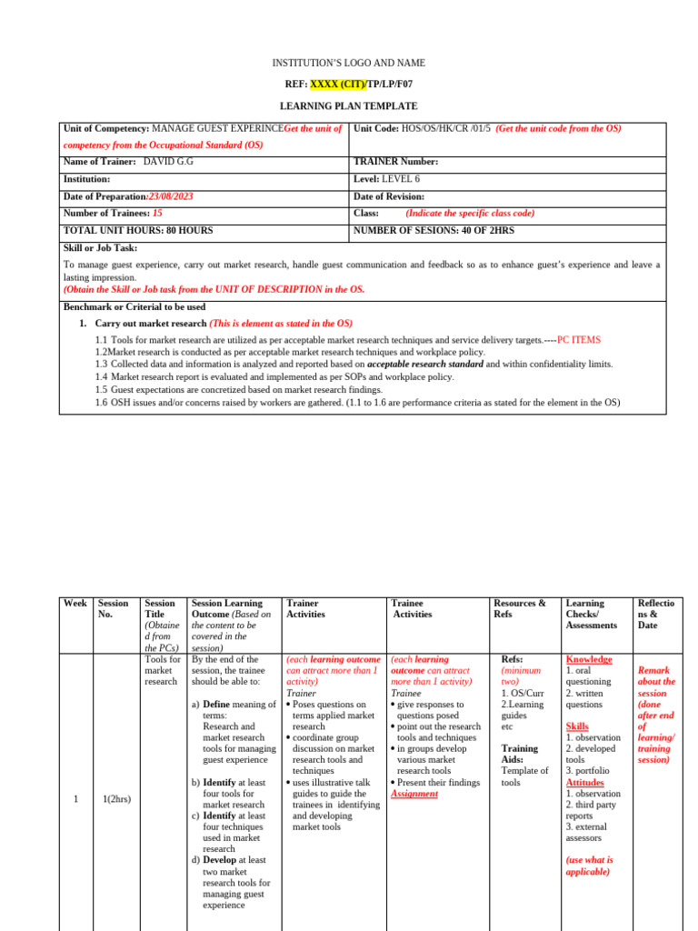 Learning Plan Sample | PDF | Learning | Cognition