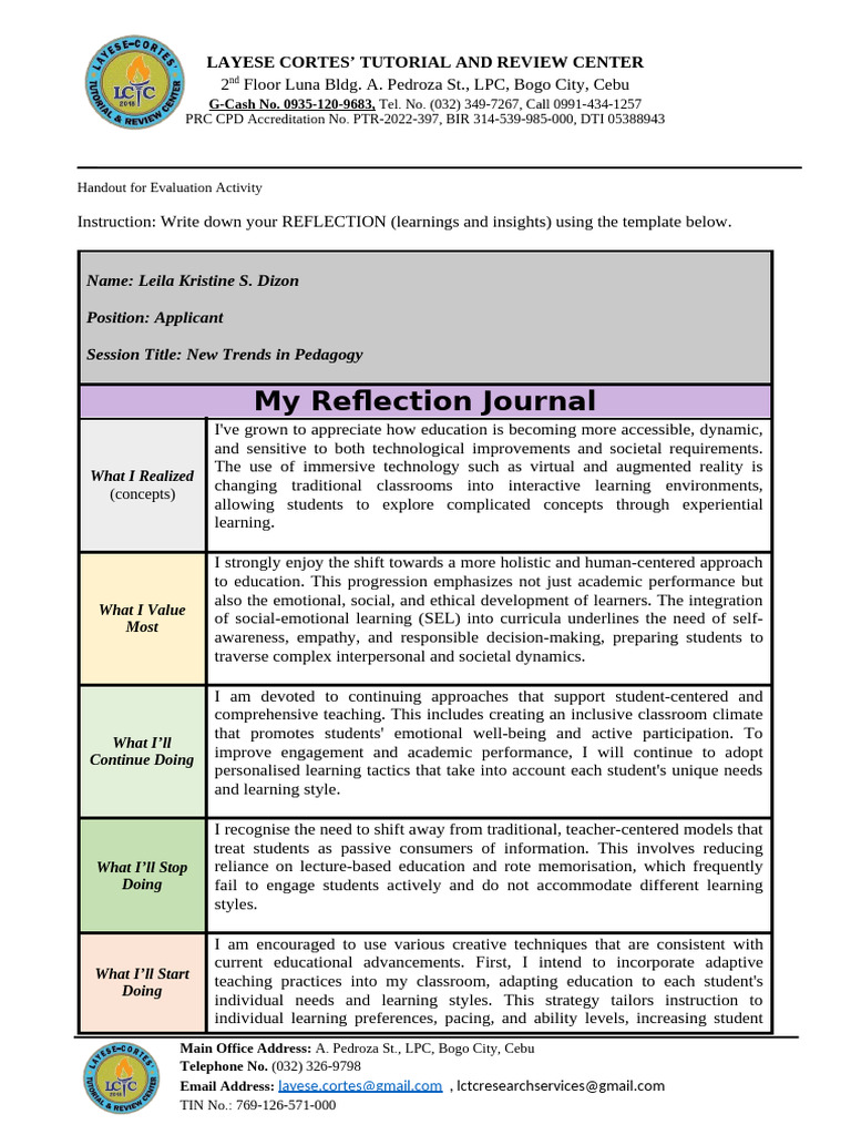 LCTC Reflection Journal 3 - Morning Session - Day 1 | PDF | Learning ...