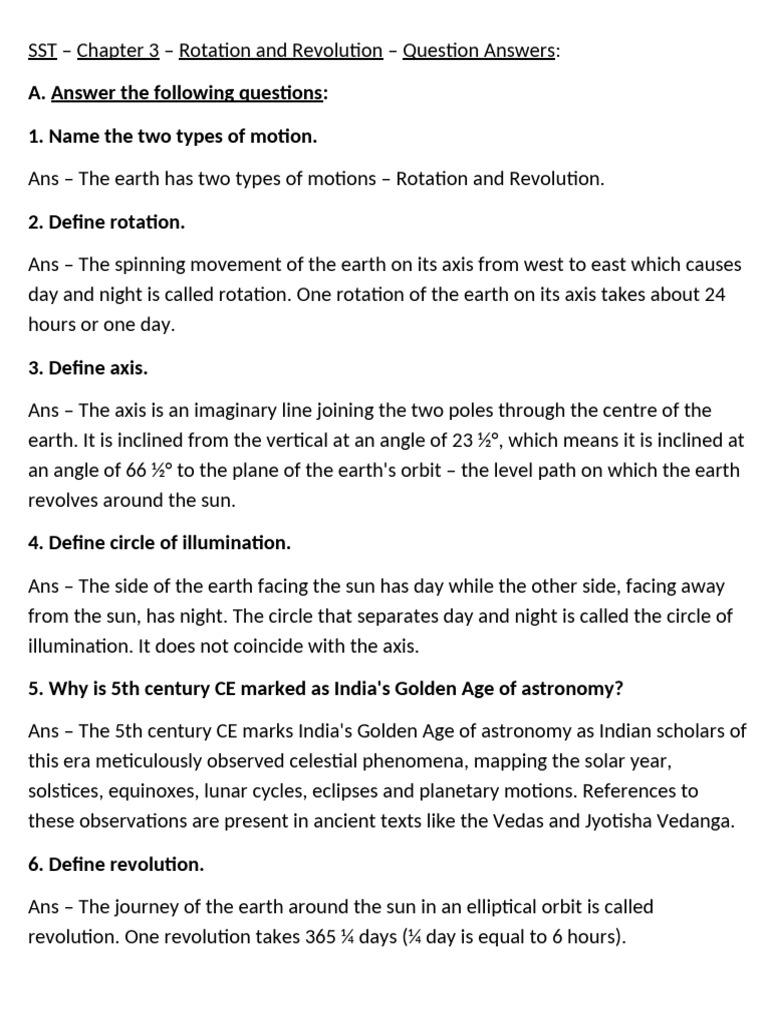 Chapter 3 - Rotation and Revolution - Question Answers | PDF | Rotation ...