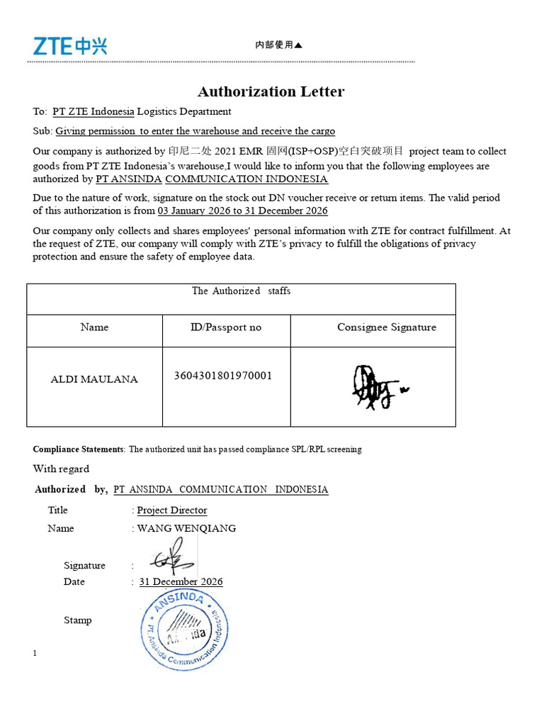 Authorization Letter - EMR - ANSINDA - ALDI MAULANA - 03 January 2026 | PDF
