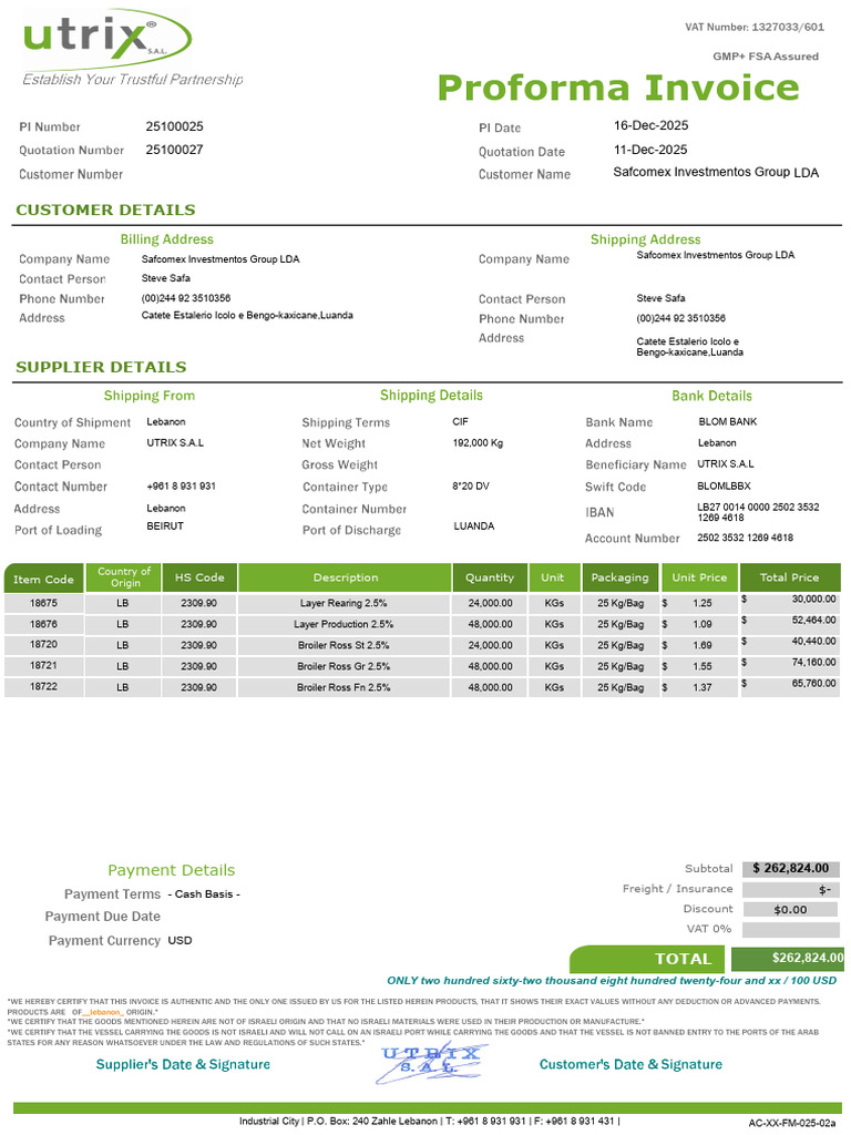 PROFORMA - $262.824,00 - Safcomex Updated Pi 12 Jan 26 | PDF | Business ...