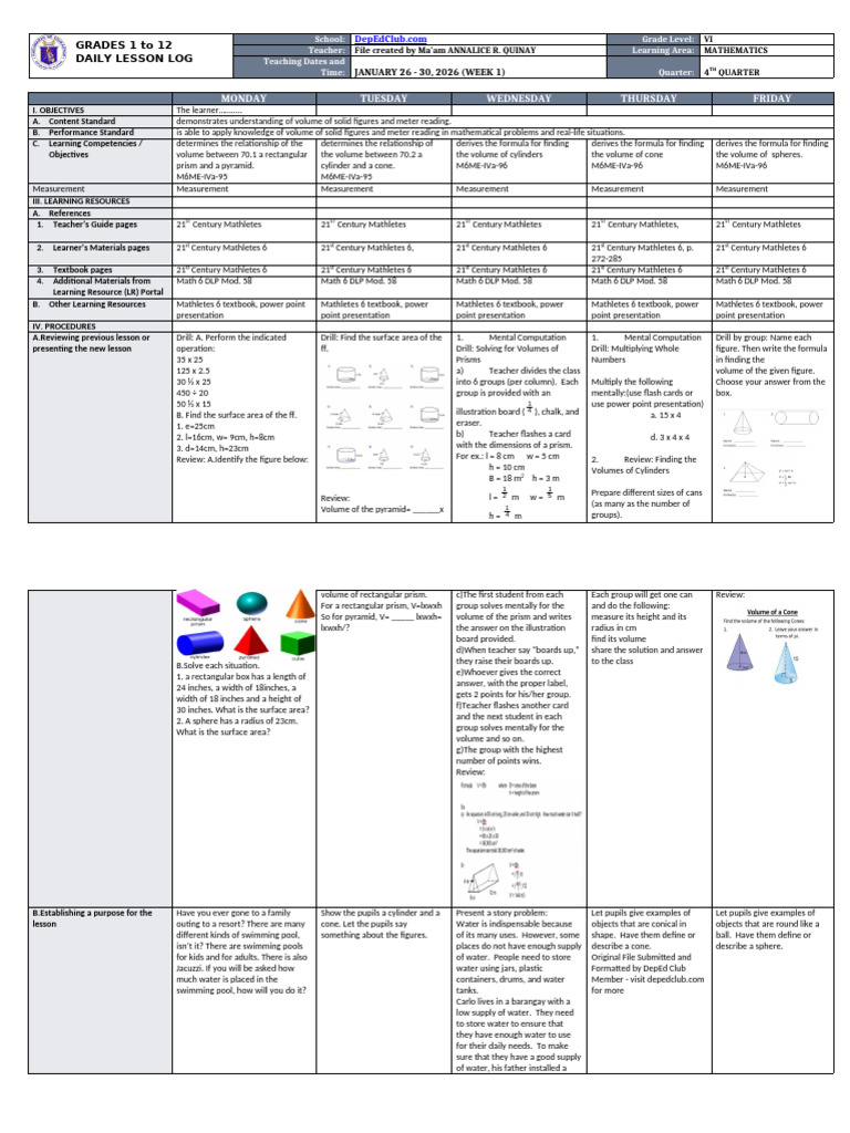 DTC DLL Mathematics 6 q4 w1 | PDF | Volume | Area