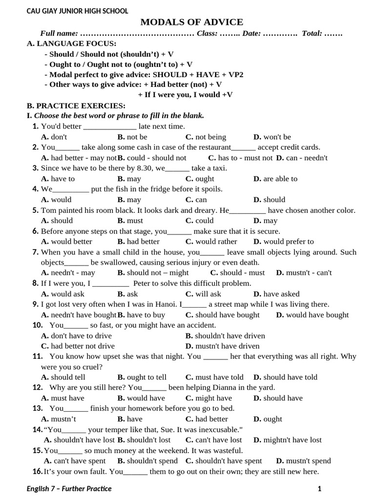 Unit 7 - Modals of Advice | PDF