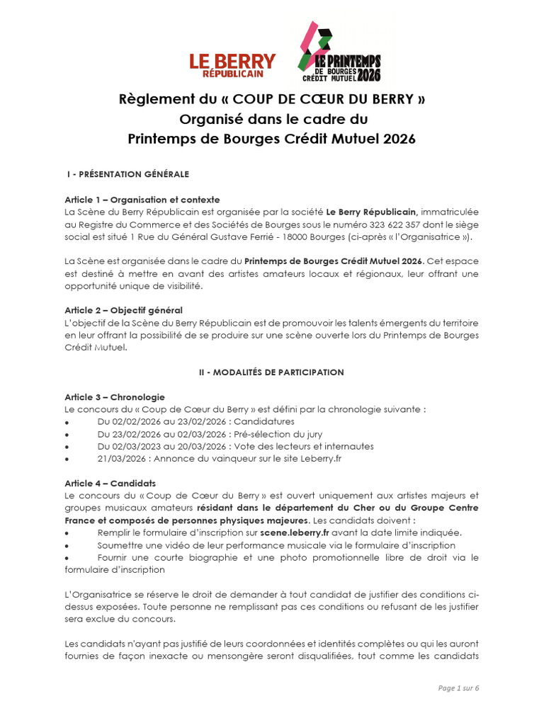 Règlement 2026 - Coup de Coeur Du Berry Républicain - Printemps de ...
