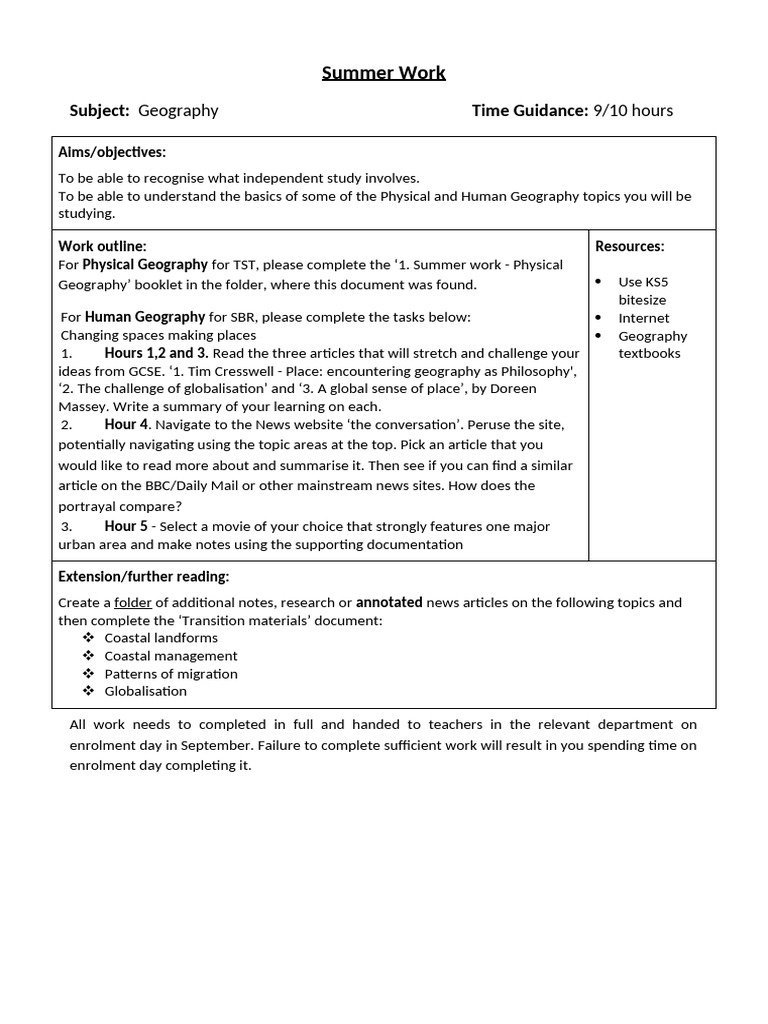 2. Summer Work - Human Geography | PDF
