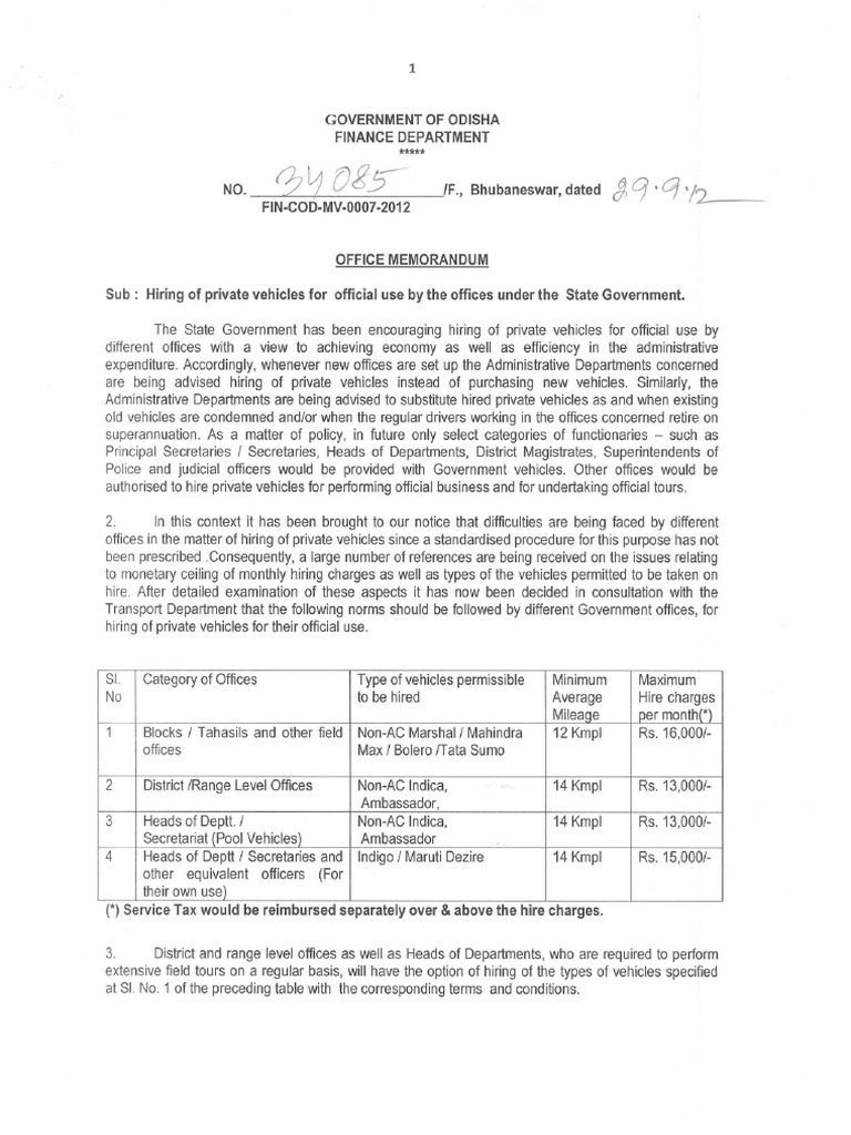 Hiring of Government Vehicles | PDF