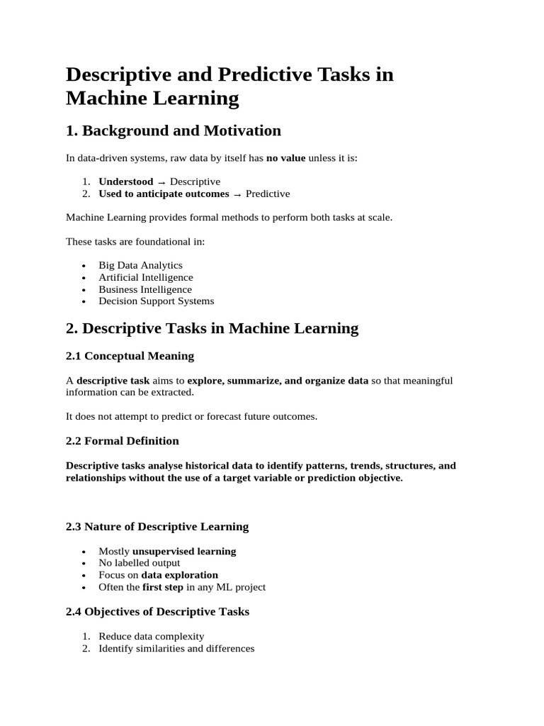 Descriptive and Predictive Tasks in Machine Learning | PDF | Machine ...