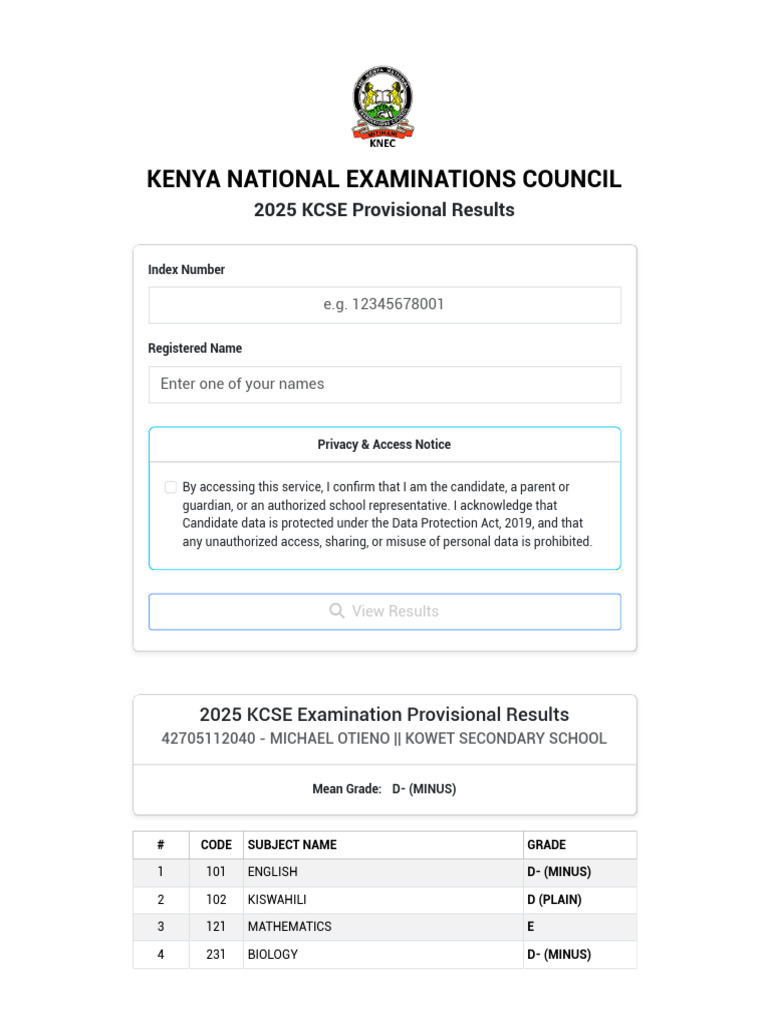 KNEC - KCSE Results Checker | PDF