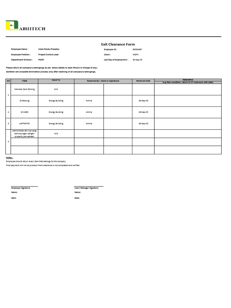 Exit Clearance Form Medco | PDF