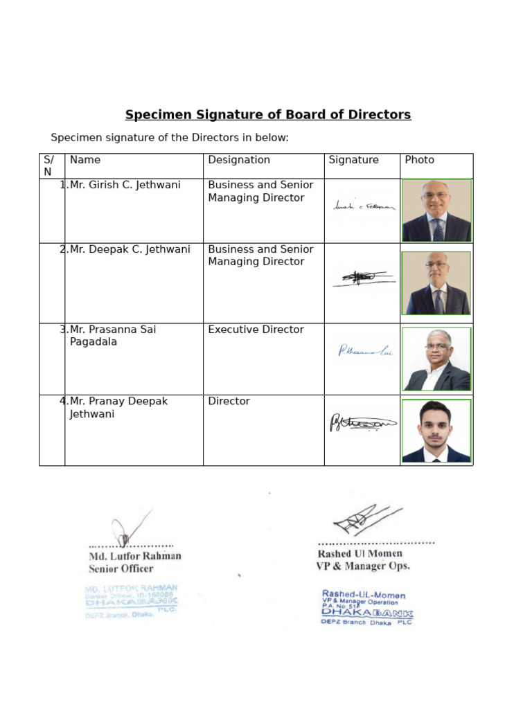 Specimen Signature of Board of Directors | PDF
