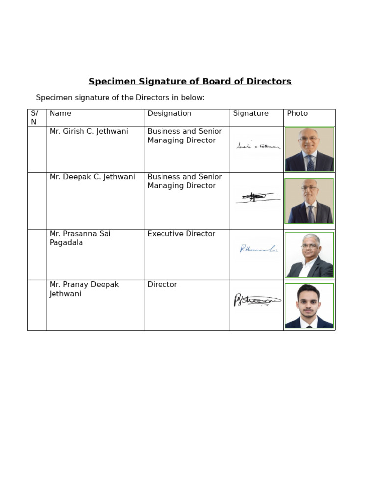 Specimen Signature of Board of Directors | PDF