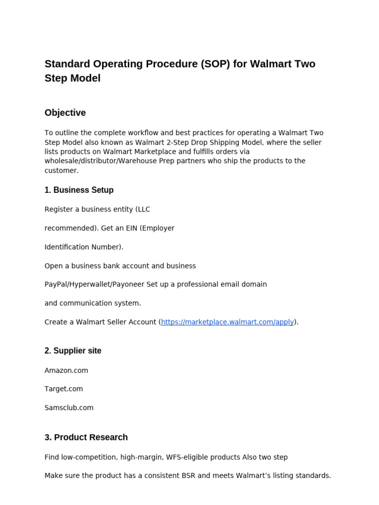 Standard Operating Procedure (SOP) For Walmart Two Step Model | PDF ...