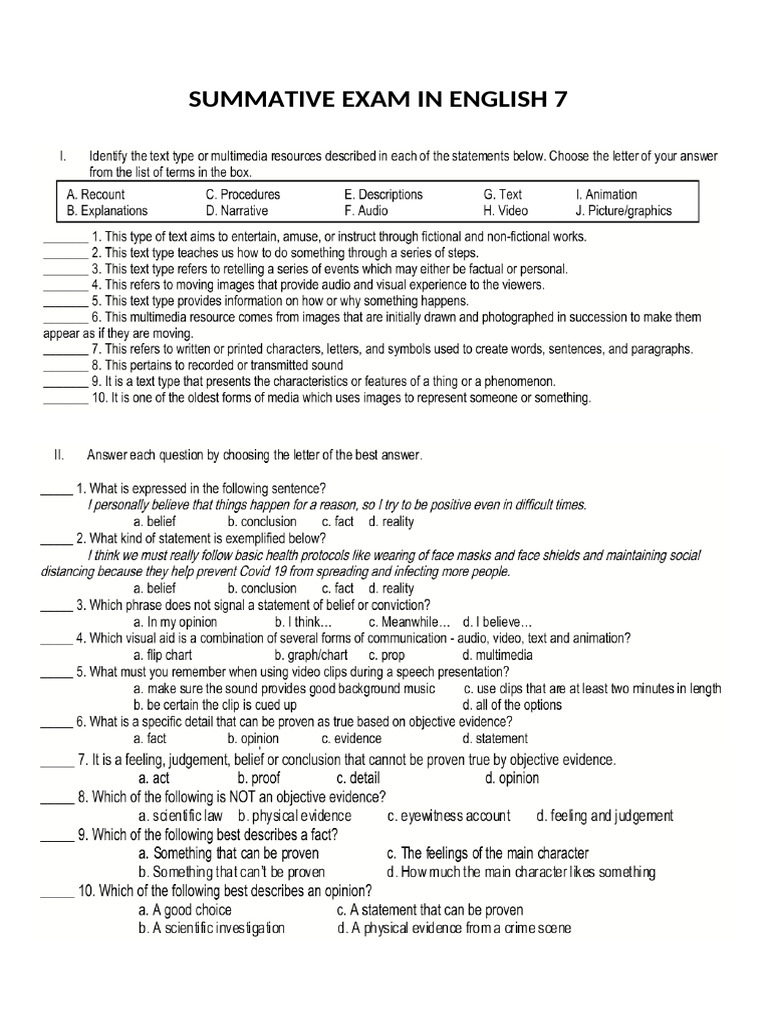 Summative Exam in English 7 q3 | PDF