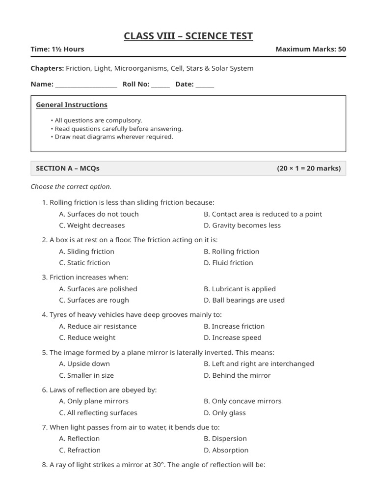 Science Test for class 8 | PDF | Friction | Cell (Biology)