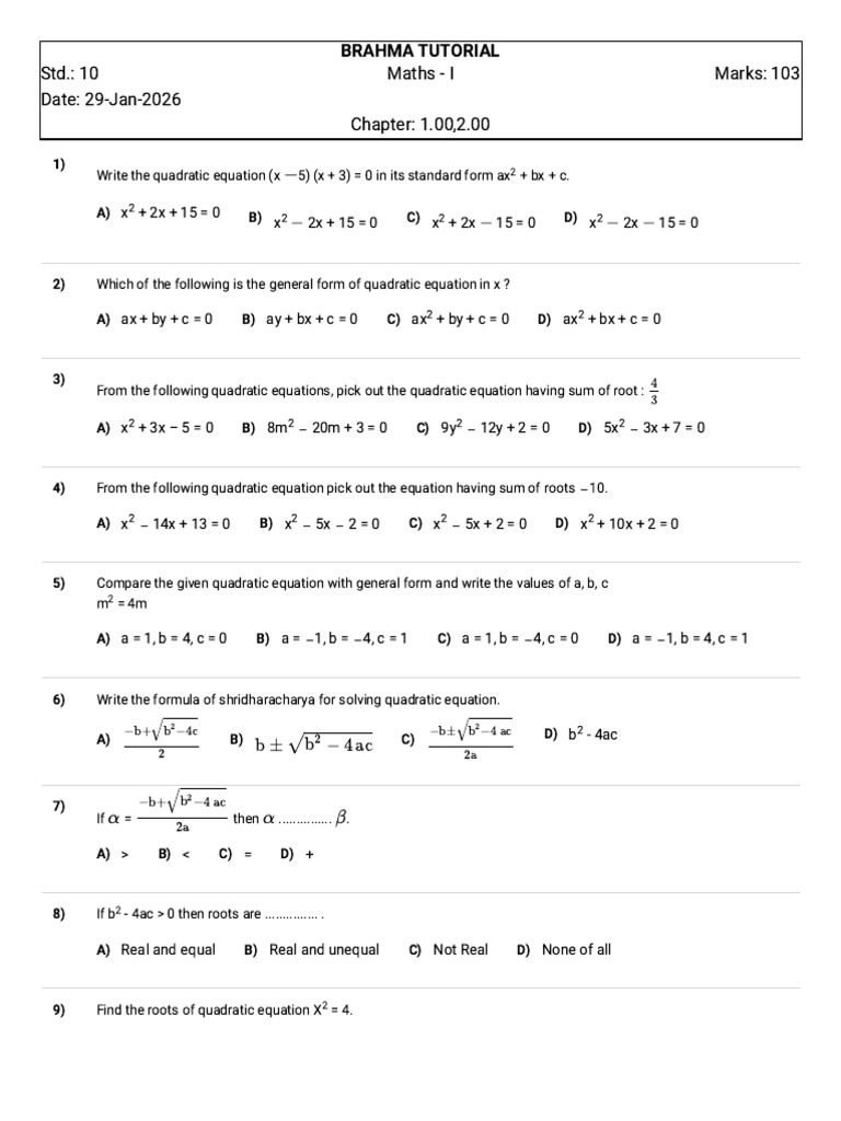 Algebra Chapter 1 and 2 MCQ Test | PDF | Quadratic Equation | Mathematics