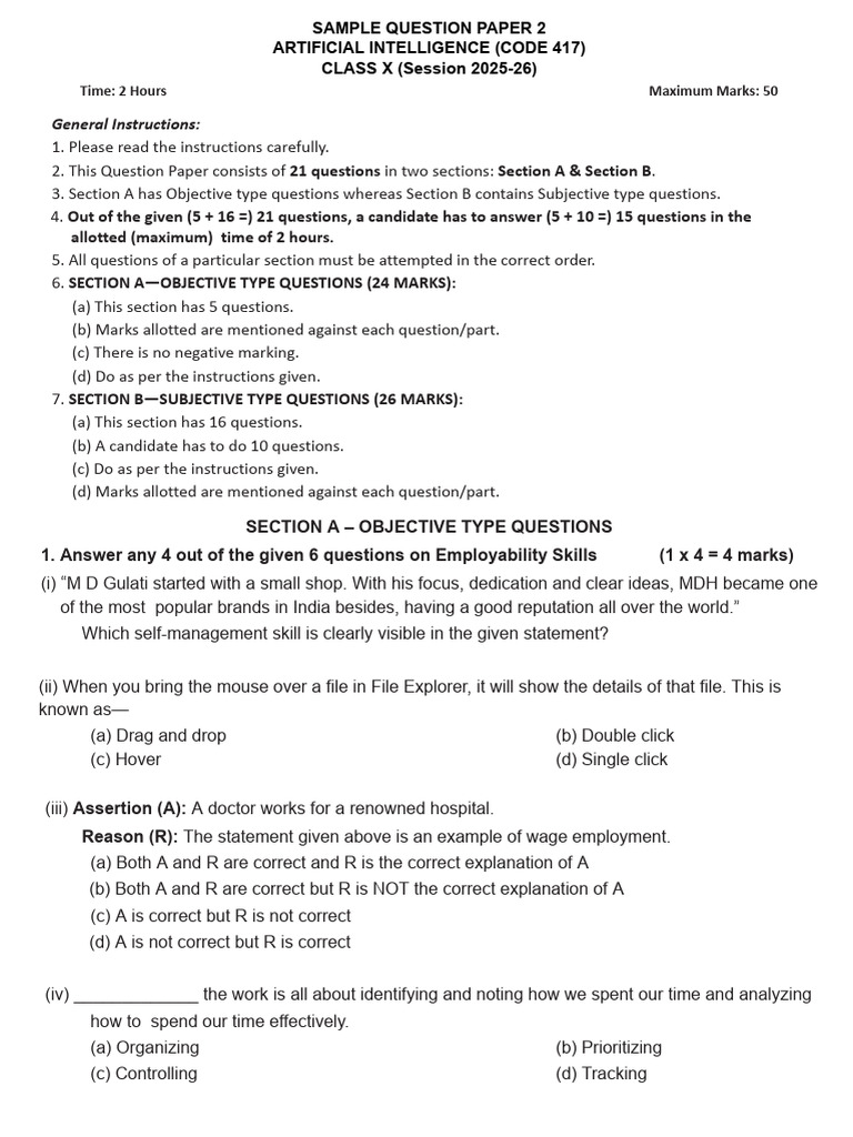 AI, Sample Question Paper2 | PDF | Artificial Intelligence ...