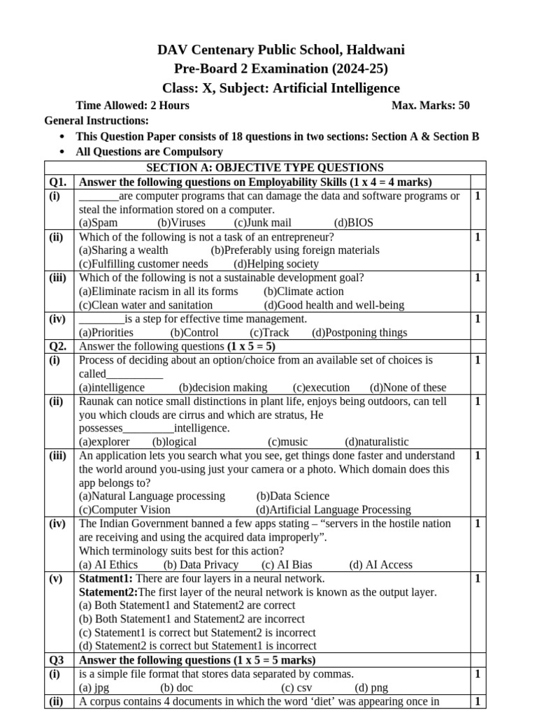 Ai Pre-Board Exam 2 Question Paper X 2024 | PDF | Artificial ...