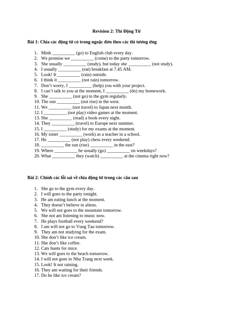 Revision 2 - Các Thì Đ NG T L P 6 | PDF