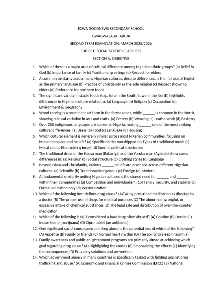 jss2 Second Term Social Studies 2026 | PDF | Substance Abuse | Drugs