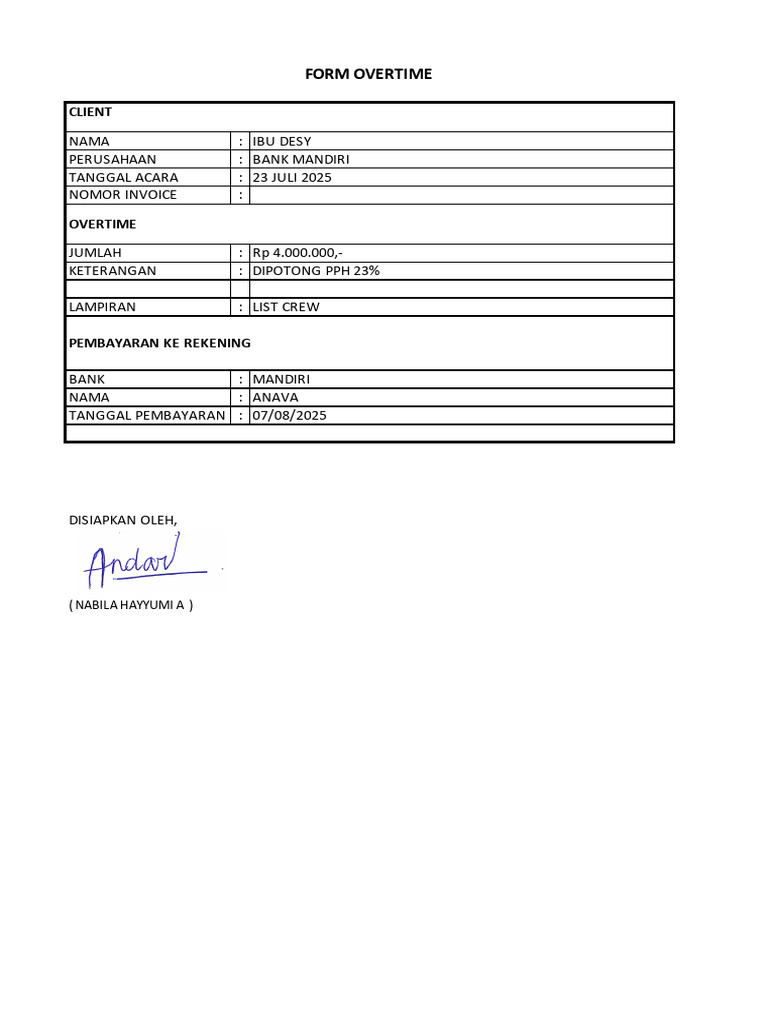 Form Overtime - Ibu Desy (Bank Mandiri) - 23 Juli 2025 | PDF