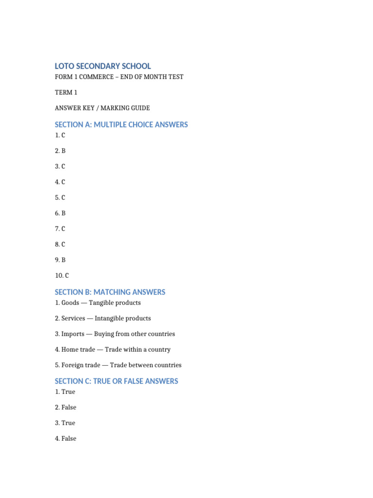 Form 1 Commerce End of Month Test Answers | PDF