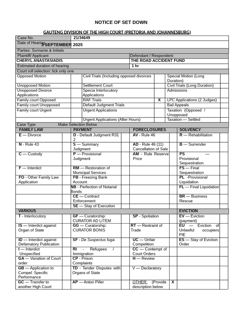 Computerised Notice of Set Down | PDF | Legal Concepts | Civil Law ...