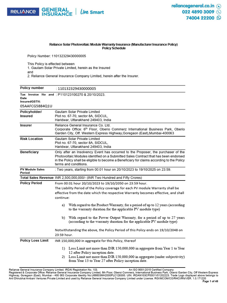 13.2 Insurance Certificate | PDF | Insurance | Photovoltaics